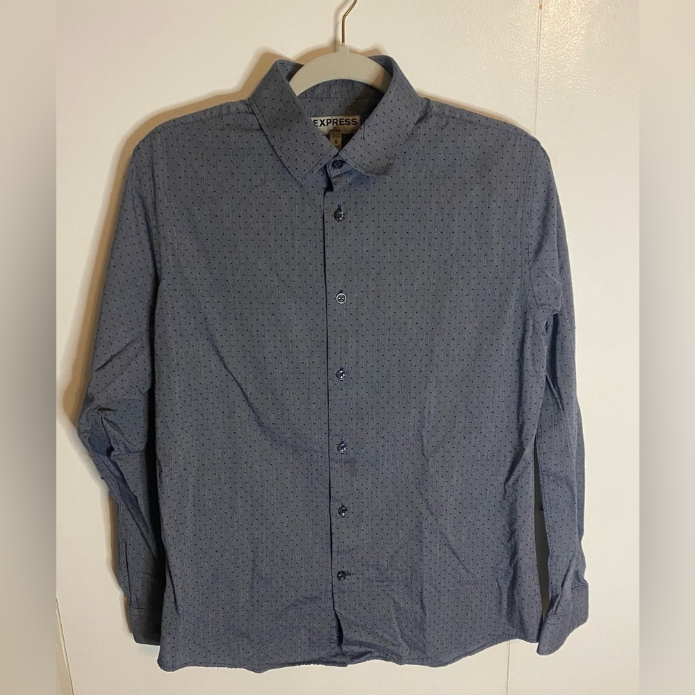 Men’s Express Cotton Fitted Dusty Blue & Navy Dotted Dress Shirt Size Medium